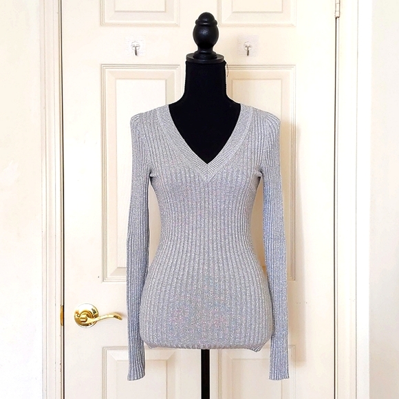 NWOT.Express Rayon Blended Stretch V-Neck Stripes Grey/Silver Sparkle Sweater - Picture 1 of 4